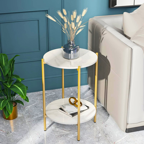 2 Tier Round Coffee End Table with Storage Shelf