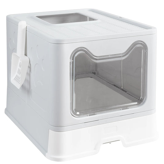 Large Space Foldable Cat Litter Box with Front Entry & Top Exit with Tray